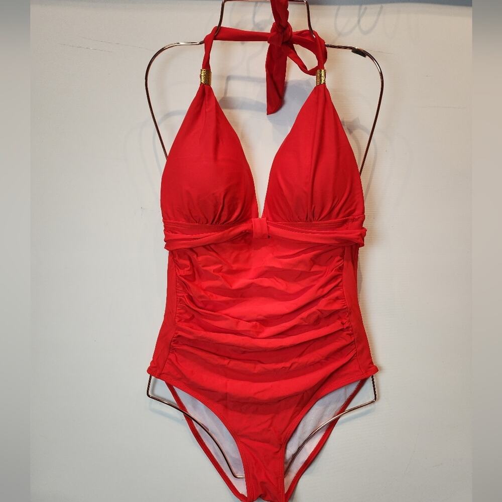 New Red Halter One Piece Swimuit Red Cinched Sids‎ NWT Women's Size M